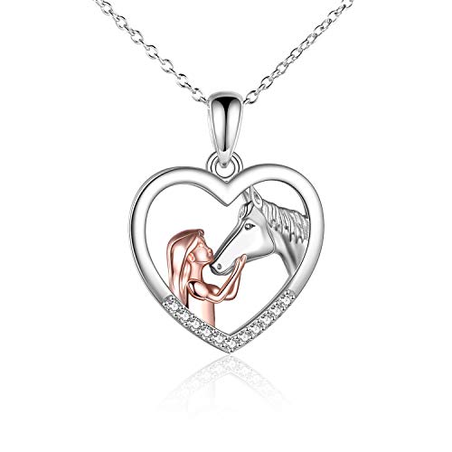 YFN Collier Fille et Cheval pour Filles Bijoux de Cheval en Argent Sterling Cadeaux de Cheval pour Femme 18" (Rose Girl Horse Necklace)