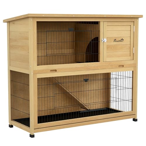 PawHut Clapier à Lapin Cage à Lapin 2 étages avec 3 Portes verrouillables Plateau Coulissant Rampe et Toit bitumé Bois Massif, 120 x 50 x 102 cm, Jaune