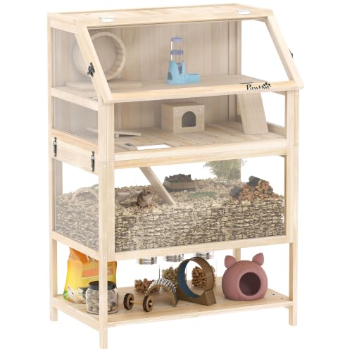 PawHut Cage pour Hamster en Bois XXL 3 Étages Roue 80x53x117