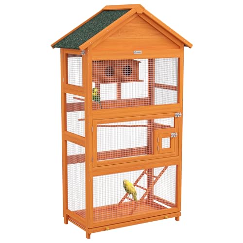 PawHut Cage à Oiseaux en Bois, Cage Perroquet, Aire de Jeux,