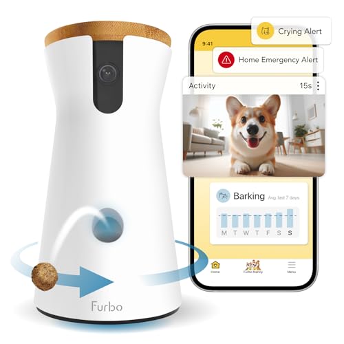 Furbo Caméra pour Chien 360° - Pack avec alertes de sécurité Maison [ABONNEMENT Premium]: Caméra HD Intelligente avec app, Vision Nocturne, Suivi Auto, Lancer de friandises, Alerte aboiement avancée