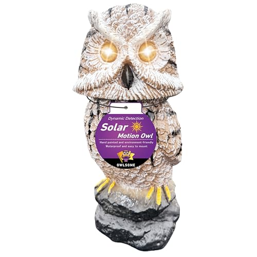 Owlsome Chouette solaire avec yeux clignotants, tête rotative, son de hoot, détecteur de mouvement et mode silencieux, sculpture de jardin en plastique, décoration de jardin