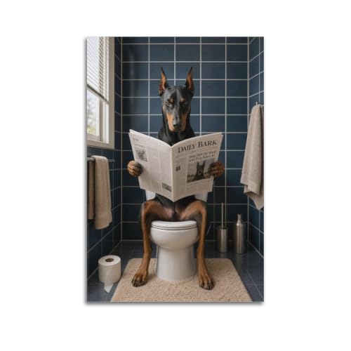 Impression sur toile représentant un chien Doberman lisant u