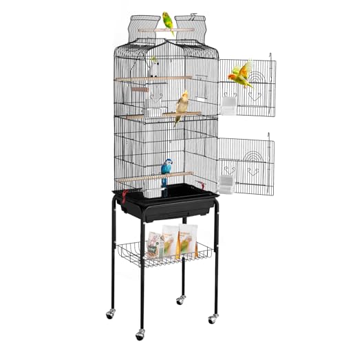 VEVOR Cage Oiseau 45,7 x 35,5 x 151 cm, Grande Cage Oiseaux en Métal avec Support Roulant, Plateau Détachable, Perchoirs, Mangeoires, Jouet, pour Oiseaux d'amour, Perroquets, Perruches, Calopsittes