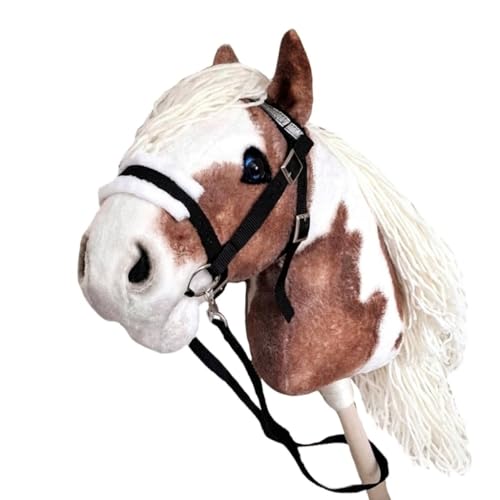 Generisch Hobby Horse Cheval Pinto | Paint Cheval de bataille | Grand cheval de bataille A3 | Bridon amovible et longue crinière | Cheval bâton avec accessoires