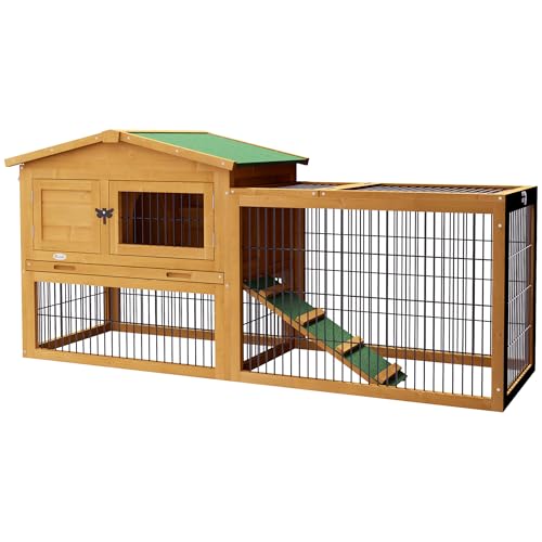 PawHut Clapier de Sol Cage à Lapin Cottage Niche supérieure avec Rampe enclos extérieur Plateau excrément fenêtre Porte verrouillable Bois Sapin dim. 150L x 52l x 68H cm Jaune