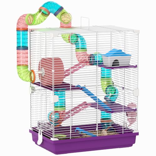 PawHut Käfig für Hamster, Nagetiere, 4 Etagen, mit Tunnel, F