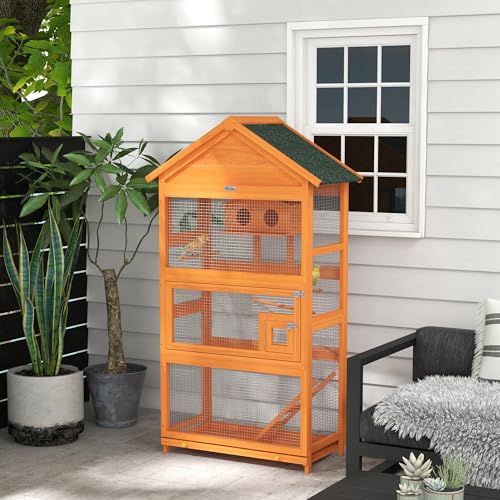 PawHut Cage à Oiseaux en Bois, Cage Perroquet, Aire de Jeux,