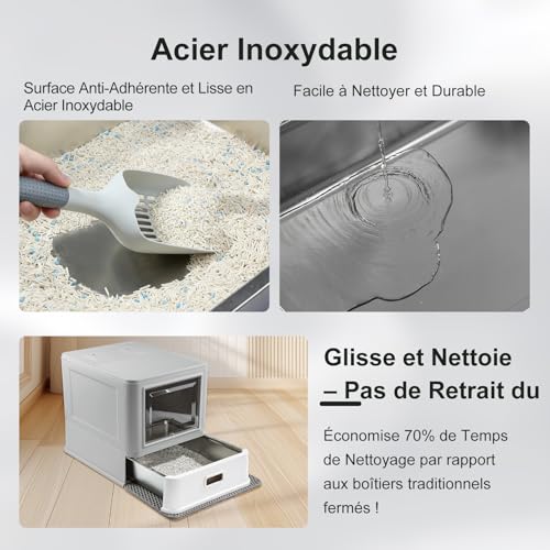 Marchul Bac à Litière pour Chat, Bac à Litière Fermé en INOX