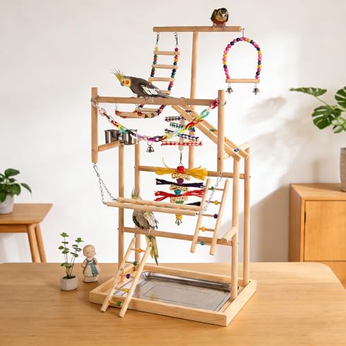 TOOSOAR Jouet Perroquet,avec Godets à Nourriture en Acier Inoxydable,Chaîne en Plastique Multicolore,pour Animaux Domestiques,pour Perroquets et Autres Oiseaux,94.5 * 48 * 33.5cm