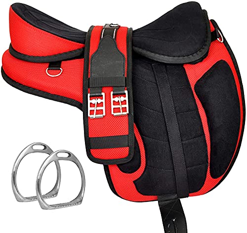 Selle de cheval sans arçon Freemax en matériau synthétique avec sangle assortie et paire d'étrier en aluminium (Rouge, siège de 33 cm)