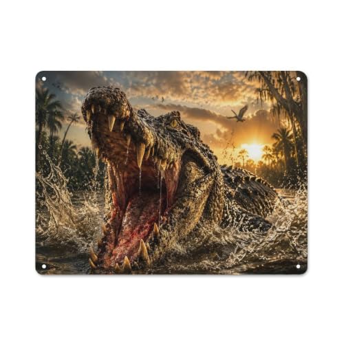 Plaque Métal Aggressive Crocodile with Mouth Open 30x40cm Dé