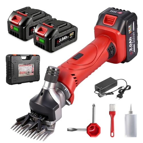 ONEVAN Tondeuse à moutons sans fil, 500 W, 6 vitesses, 13 dents avec deux batteries 2 batteries de 3.0Ah, pour moutons, alpagas, chèvres et chevaux (Rouge)