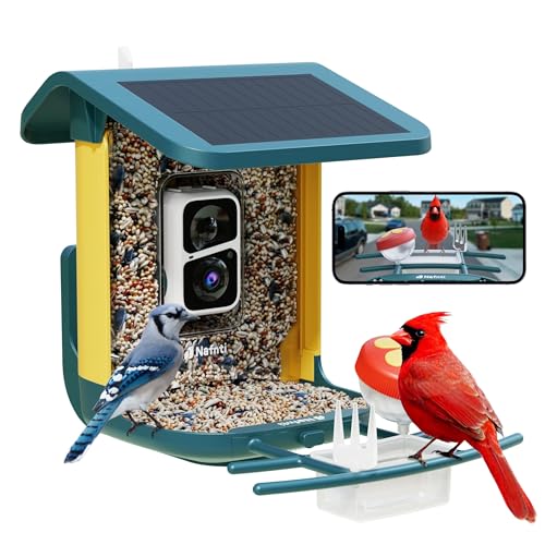 Mangeoire à Oiseaux avec Caméra 2K Solaire, Identification AI 10 000 Espèces, sans Abonnement, Carte TF, Vision Nocturne Couleur, WiFi 2.4/5 GHz, Batterie 5200 mAh, IP65, Réservoir 1,8 L