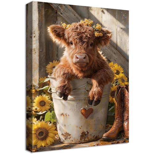 Cadre en Bois Impression sur Toile Vaches Highland Dans un T