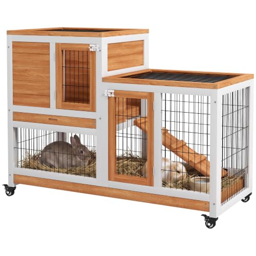 PawHut Clapier Lapin Intérieur en Bois sur roulettes 110x50x
