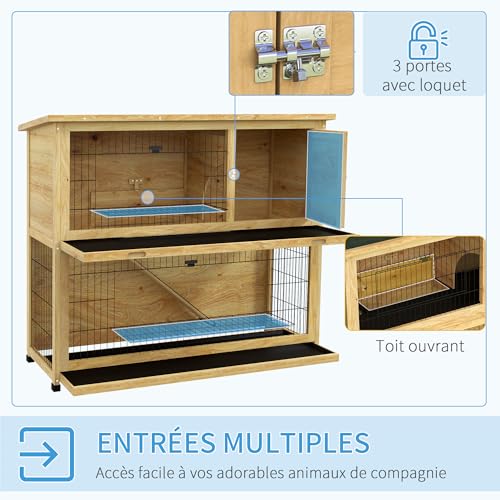 PawHut Clapier à Lapin Cage à Lapin 2 étages avec 3 Portes v